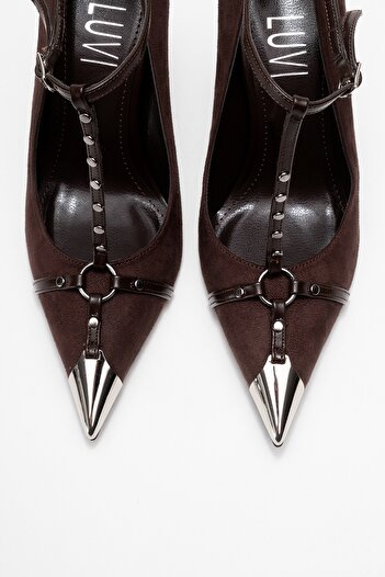 LuviShoes Juliana Brown Suede Trok Belted Women's Metallic Toe Heeled Shoes