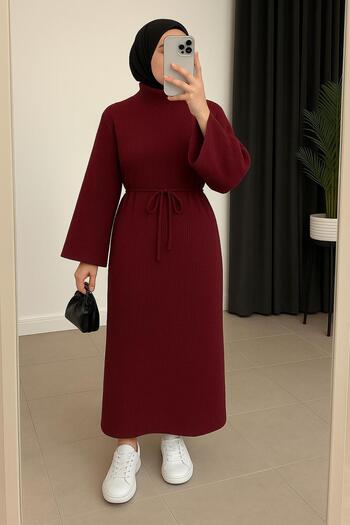 AXXAN Lace-Up Turtleneck Knit Dress Wide Sleeves Standard Size Muslim Dress 138 Centimeters Long