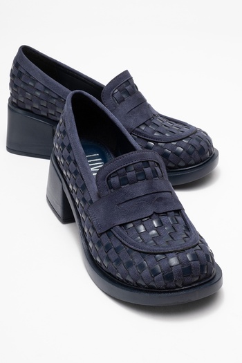 LuviShoes Marlon Navy Blue Braided Women's Thick Heeled Loafer Shoes