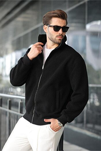 Madmext Black Zippered Stand Collar Men's Fleece Cardigan E7166
