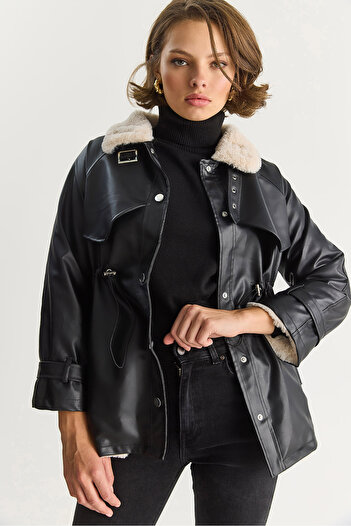Bianco Lucci Women's Shirt Collar Fur Inside Waist Drawstring Adjustable Pocket Detail Faux Leather Coat 2736 60283571