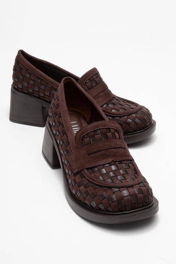 LuviShoes Marlon Brown Braided Women's Thick Heeled Loafer Shoes