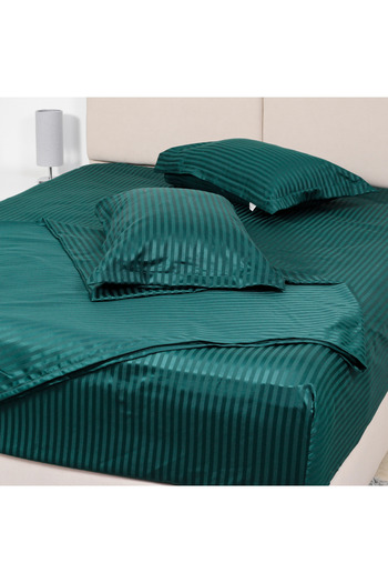Bed N Home SA Satin Fitted Sheet Set, Striped, 1 cm, Green, 100% Egyptian Cotton, 350 Thread Count, 2 Pillowcases, 100*200 cm