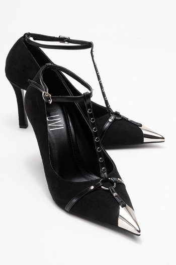 LuviShoes Juliana Black Suede Trok Belted Women's Metallic Toe Heeled Shoes