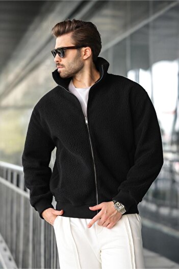 Madmext Black Zippered Stand Collar Men's Fleece Cardigan E7166