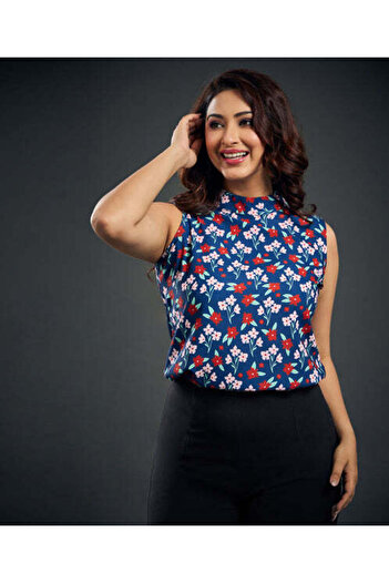 Zigzag High Neck Chiffon Blue Sleeveless Top