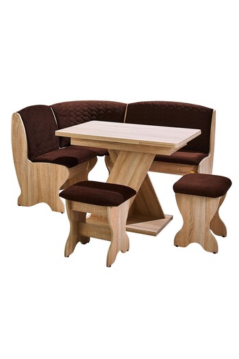 VENITIVO VINDEM CELOR INTELIGENTI Kitchen corner set with storage box, 2 stools, table, oak+brown, 161.5 x 121.5 x 92 cm