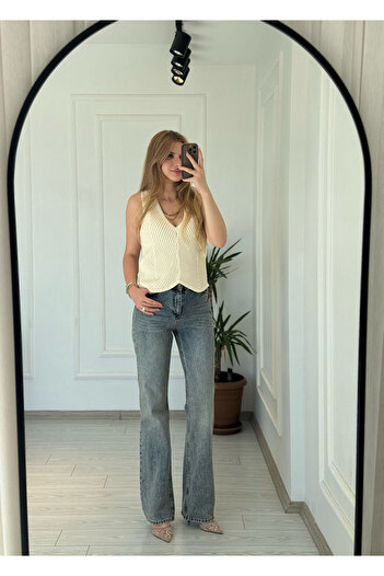Store High Waist Dark Blue Washed Straight Jeans