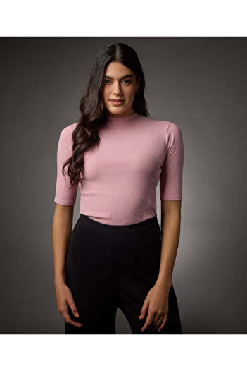 Zigzag Short Sleeve High Neck Rib Top- Salmon Pink