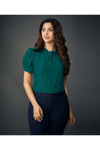 Zigzag Neck Frilled Front Buttoned Green Top