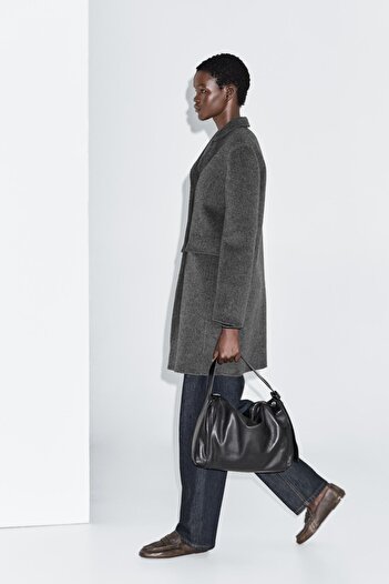 Massimo Dutti Katlı yaka yün karışımlı orta boy kaban