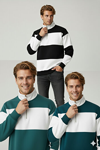 dwnwear 3-Piece Zippered Polo Neck Plain Piece Sweatshirt
