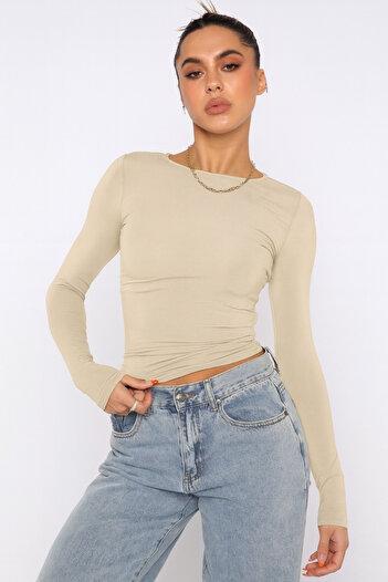 ÖZ PAMUK Crew Neck Basic Plain Fabric Long Sleeve Lycra Blouse