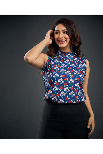 Zigzag High Neck Chiffon Blue Sleeveless Top