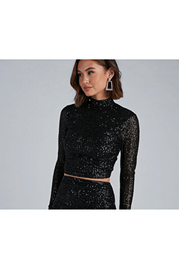 AFR CLOTHES Women's Black Crop Top with Circular Neck and Sequins