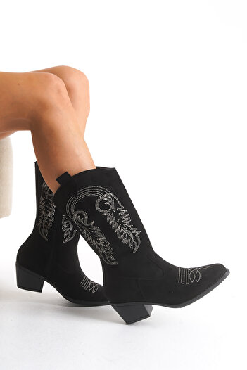 Limeo Handmade Pointed Toe Heeled Embroidered Pattern Detailed Leather Women's Zippered Cowboy Boots