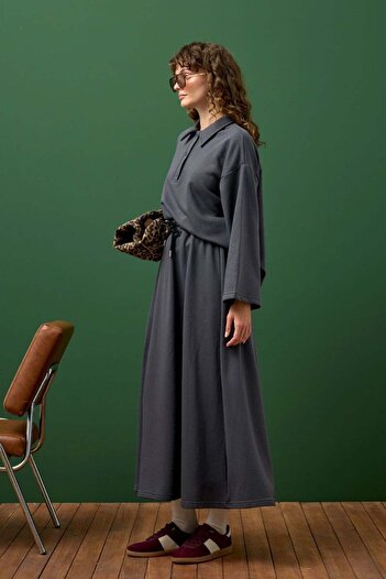 Ceylan Otantik Anthracite 3 Thread Neckline Bodysuit & Skirt Set