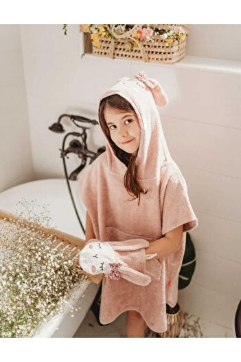 GÜRPAMUK HOME & BABY Outlet 100% Cotton Girls-Boys Children's Sea, Beach, Pool, Bath Hooded Towel Poncho 4/6 Years Old Rabbit
