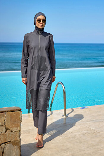 Marina Swimwear Smoked Full Covered Hijab Swimsuit - High Neck, with Stopper, Water Draining M2508-4