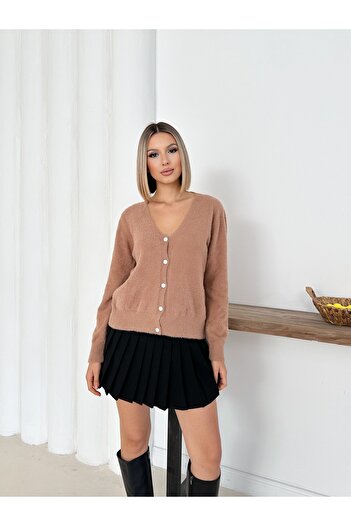 LE CARAMBOLE Women's Biscuit V-Neck Bearded Knitwear Cardigan