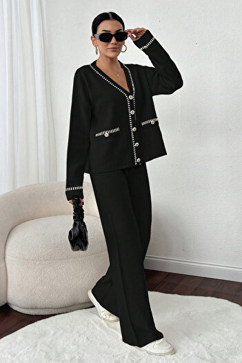 Cemre Life Women's Stylish Contrast Stitching Detailed Black Knitwear Set