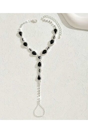 sarıyer silver Shahmeran Model Steel Anklet for Ankle with Black Stone and Zircon Stone Embroidery, Stylish Style