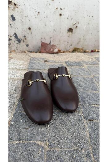 Eataly Shoes Παντόφλες με φλατ μοντέλο με αγκράφα από δέρμα Acıkahve