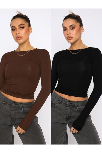 ÖZ PAMUK Crew Neck Basic Plain Fabric Long Sleeve Lycra Blouse