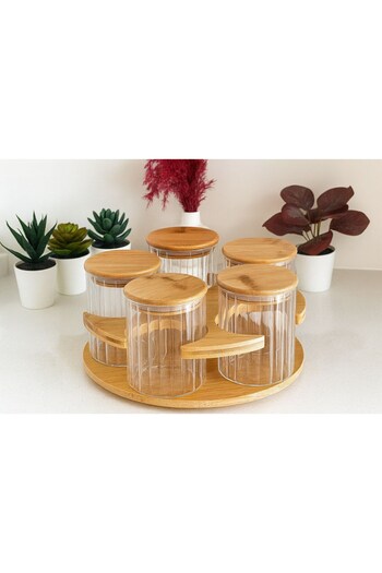 morponi Borosilicate Glass 360 Degree Rotating 5-Piece Spice Rack Set with Bamboo Stand 390 Mlx5 (Alg)