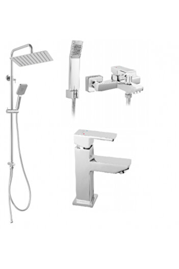 FERRO Pachet 3 Baterii Zicco-Wizard Square PRO: Cada/Dus, Lavoar, crom si colona de dus patrat