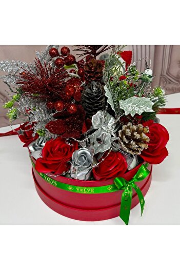 velve Flower Christmas LED arrangement in round box, soap roses, winter ornaments, Red-Silver