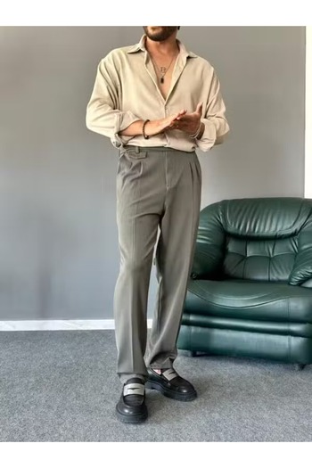 TÜZeMEN Pleated Fabric Pants with Side Button Closure