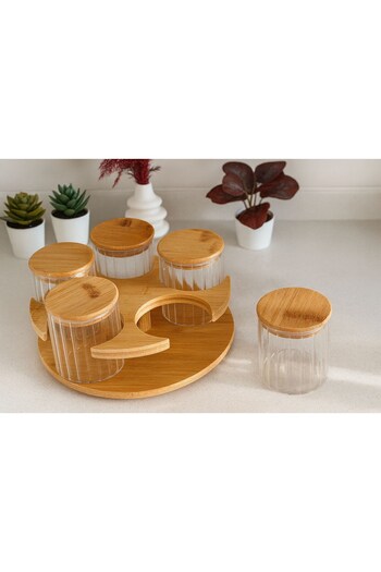 morponi Borosilicate Glass 360 Degree Rotating 5-Piece Spice Rack Set with Bamboo Stand 390 Mlx5 (Alg)