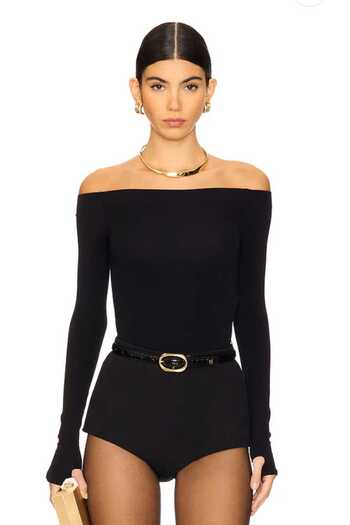 AFR CLOTHES Women's Black Boat Neck Bodysuit with Snap Closure at the Bottom