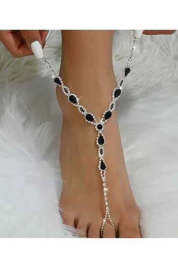 sarıyer silver Shahmeran Model Steel Anklet for Ankle with Black Stone and Zircon Stone Embroidery, Stylish Style