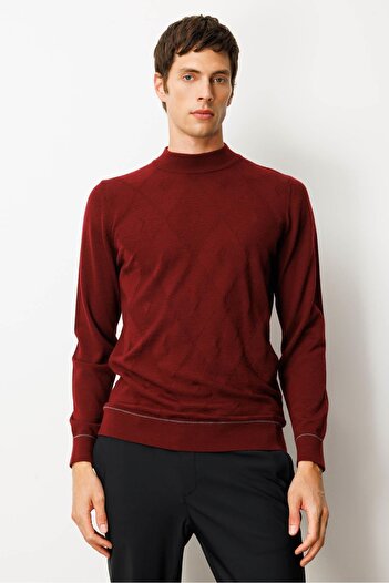 Desen Triko Men's Half Turtleneck Striped Argyle Wool Sweater Burgundy