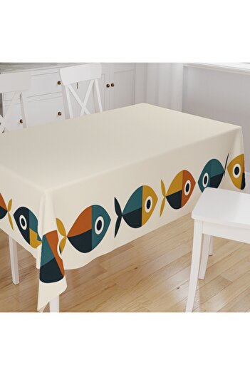 Else Dekor Colorful Fishes Patterned Digital Printing Suede Fabric Kitchen Tablecloth