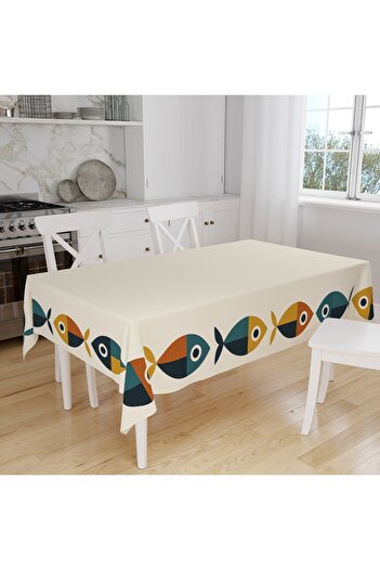 Else Dekor Colorful Fishes Patterned Digital Printing Suede Fabric Kitchen Tablecloth