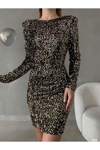 Modafeminen Sirt Detailed Shoulder Padded Pulpayet Mini Dress Gold 582730