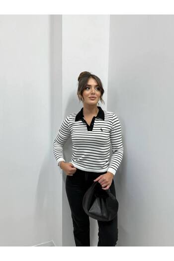 MODAMERSİ Women's White-Black Striped Polo Neck Half Button Knitwear Sweater