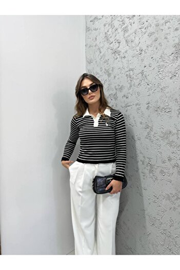 MODAMERSİ Women's Black and White Striped Polo Neck Half Button Knitwear Sweater