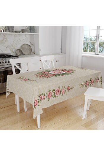 Else Dekor Vintage Pink Roses Patterned Digital Print Suede Fabric Kitchen Tablecloth