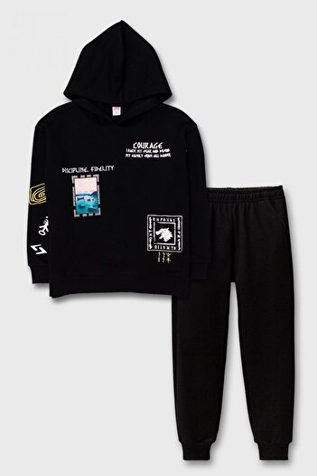 RAPAPA Boy's Hooded Printed Tracksuit Set - Black 4007