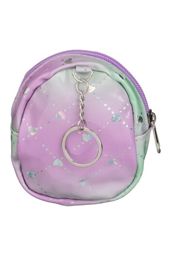 SHOPIENS Portofel Breloc Ombre Lila-Verde cu Inimi Holografice si Inima Roz cu Blana