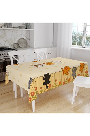 Else Dekor Cute Garden Cats Patterned Digital Print Suede Fabric Kitchen Tablecloth