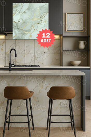 Munico 12PC 30x30 Cm Kendinden Yapışkanlı Su Yeşili 3D Şık Fayans Duvar Yapıştırma Duvar Kağıdı Dekor