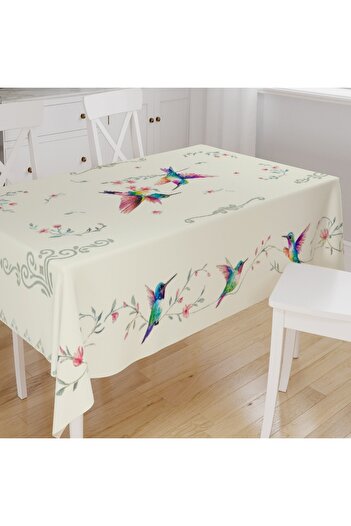 Else Dekor Colorful Birds Patterned Digital Printing Suede Fabric Kitchen Tablecloth