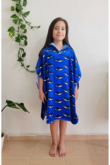 GÜRPAMUK HOME & BABY Outlet 100% Cotton Girls-Boys Children's Sea, Beach, Pool, Bath Hooded Towel Poncho 10/12 Years Old Shark