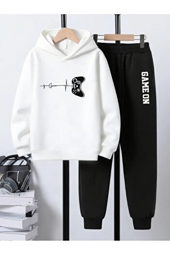 buendiakids Girl/Boy White-Black Ritim Gameon Printed Hooded Sweatpants Set