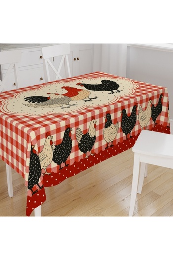 Else Dekor Rooster Chicken Red Patterned Digital Print Suede Fabric Kitchen Tablecloth